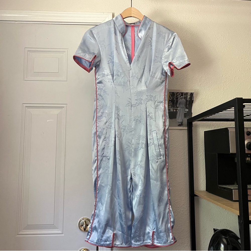 DAWANG New York blue satin Asian floral short sleeve mandarin romper cat suit